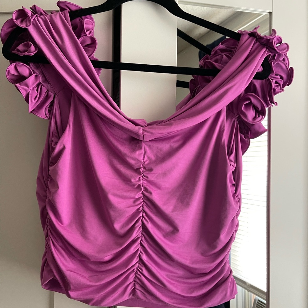 Express Ruched Ruffled Sleeveless Blouse - Picture 3 of 3